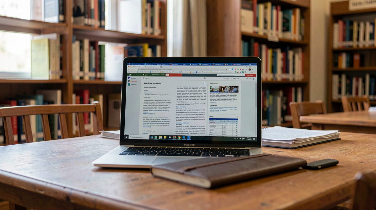 Una scrivania in una biblioteca di quartiere con un laptop aperto su una pagina di documenti pubblici, luce naturale laterale da una finestra, inquadratura frontale ravvicinata.