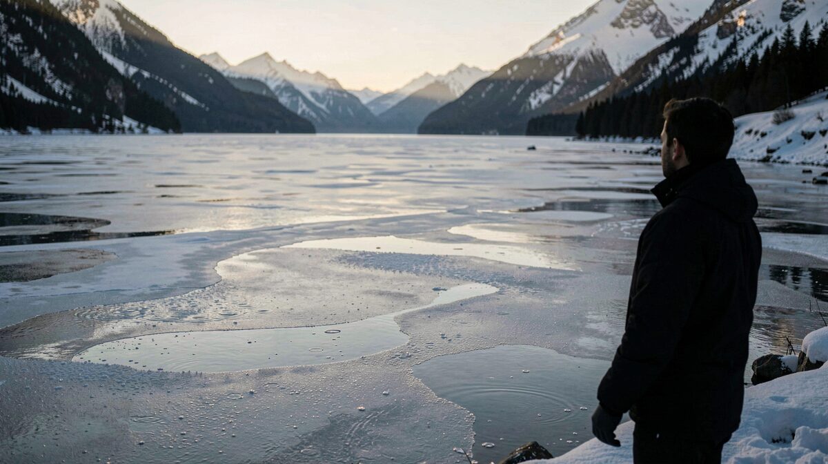 Un lago alpino ghiacciato all'alba, con la luce bassa che attraversa la superficie cristallina e in controluce qualcuno che osserva il ghiaccio dalla riva.