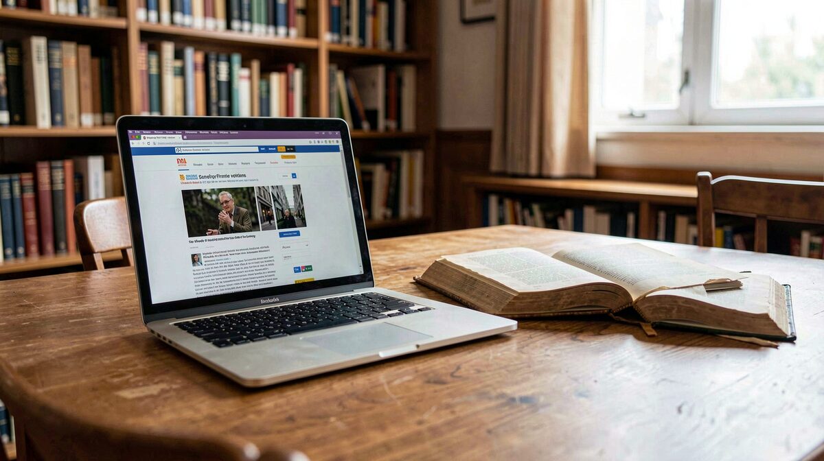 Una scrivania in biblioteca con un computer portatile aperto su una pagina web archiviata, accanto a un libro antico aperto, luce naturale laterale, inquadratura frontale ravvicinata.