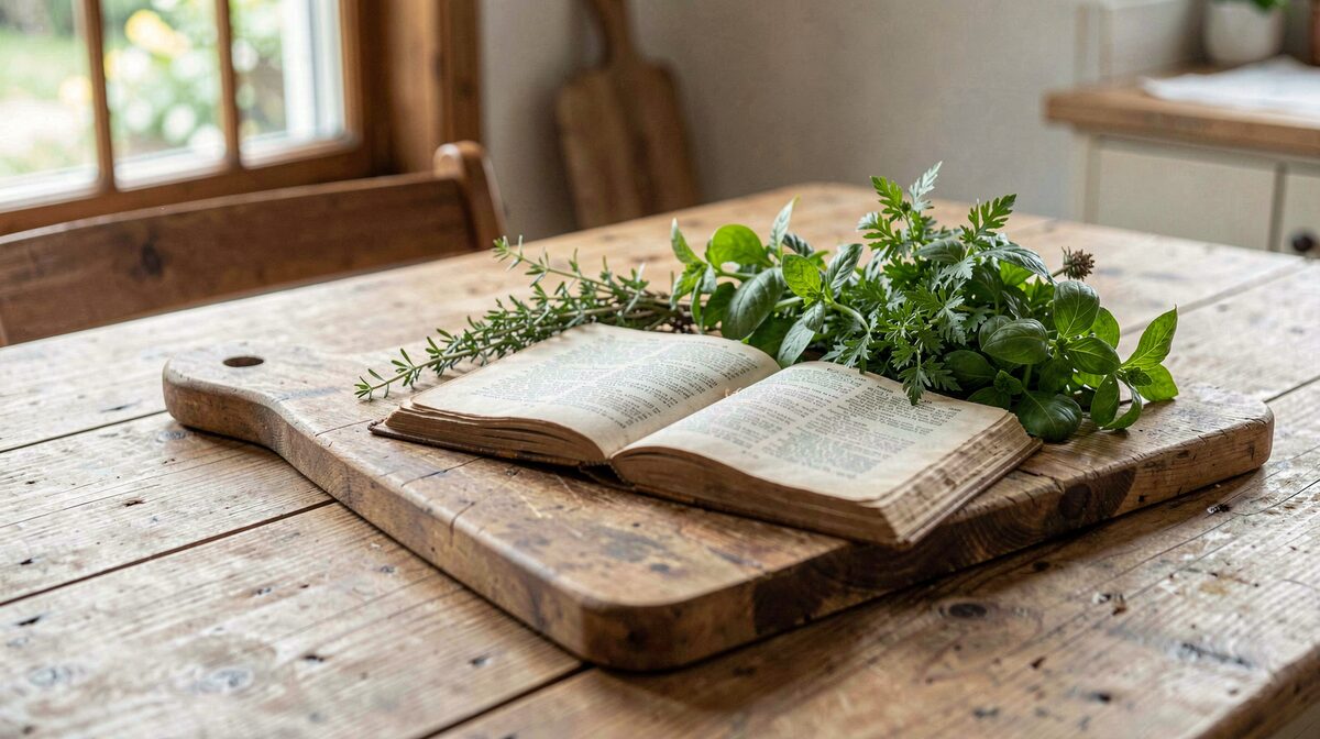 Un tavolo di legno in cucina con un tagliere, erbe aromatiche e un vecchio libro di ricette aperto, luce naturale laterale,inquadratura ravvicinata.