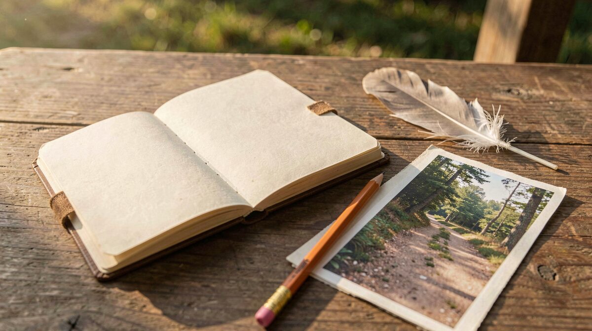 Un quaderno da campo aperto su un tavolo di legno, con matita, una piuma e una fotografia di un sentiero, luce naturale laterale di mattina.