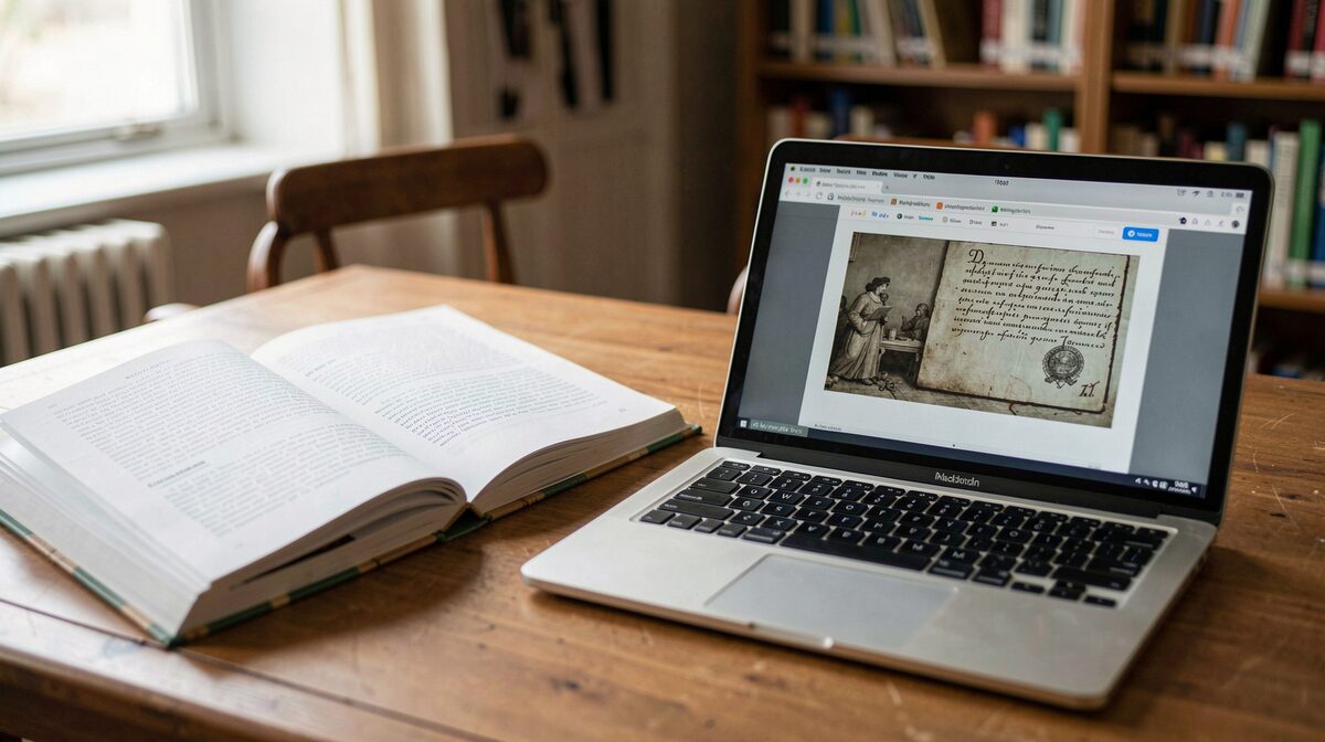 Un tavolo di lettura in biblioteca con un catalogo aperto accanto a un laptop che mostra una fotografia di manoscritto, luce diurna laterale, inquadratura ravvicinata.