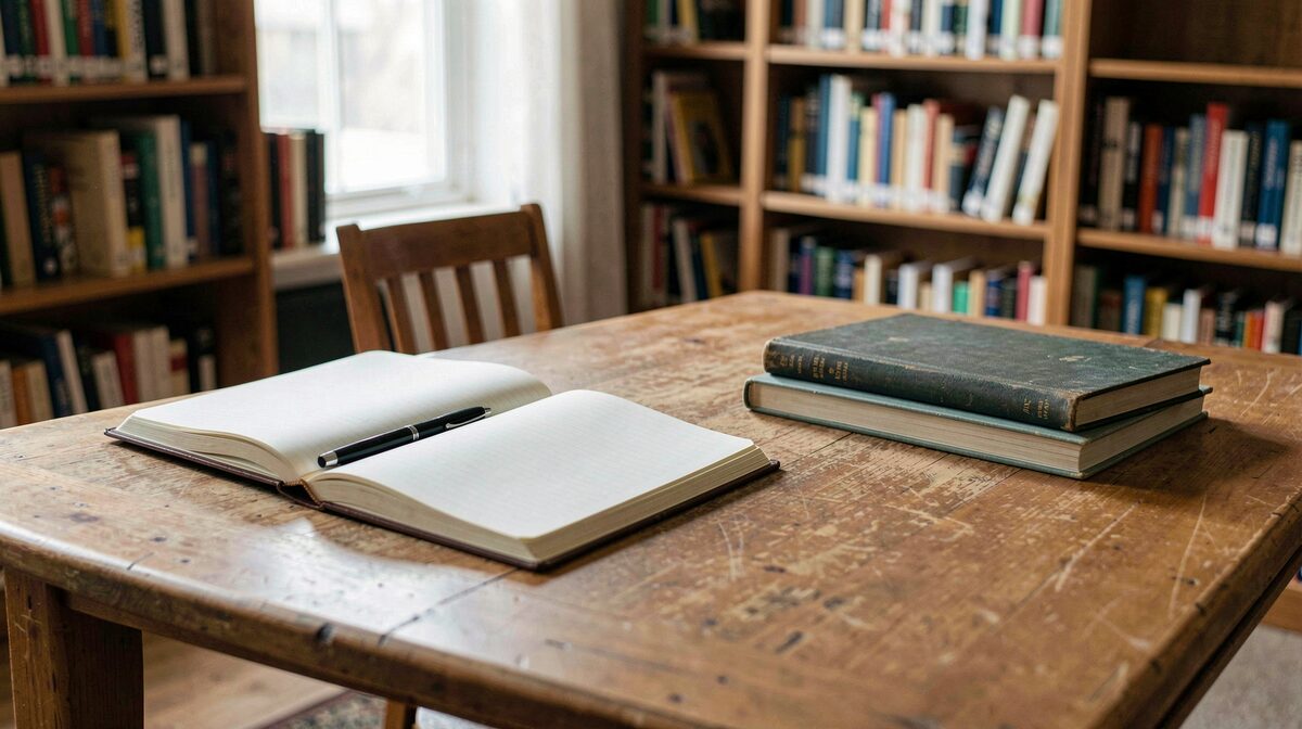 Una scrivania di legno in biblioteca con un quaderno aperto, una penna e due libri chiusi, luce naturale laterale, inquadratura dall'alto leggermente inclinata