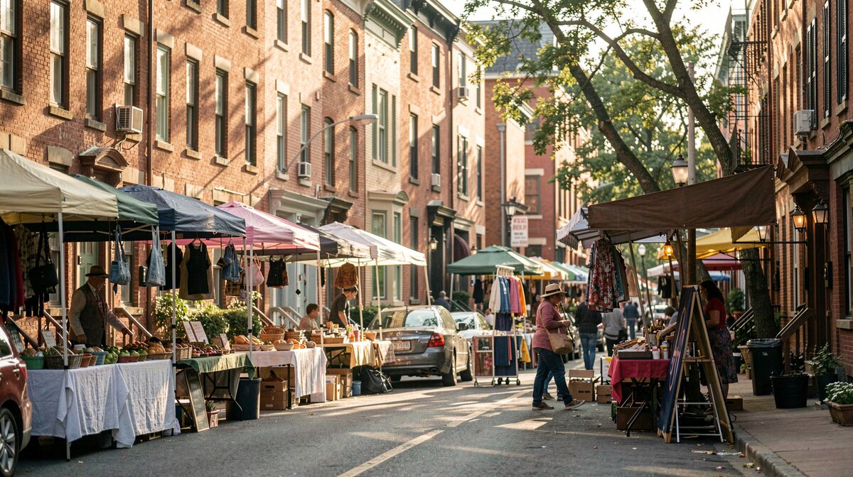 Una strada di quartiere di Filadelfia al mattino con case in mattoni, un mercado all'aperto e luci basse del sole, inquadrata da prospettiva laterale.