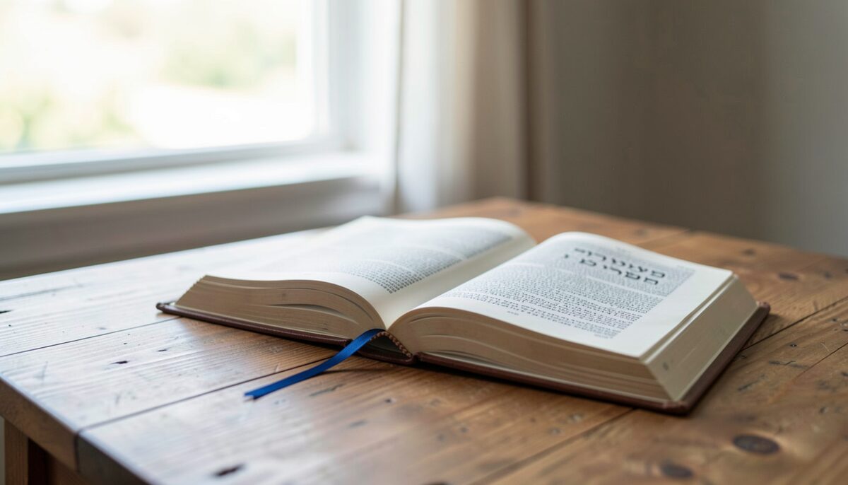 Open Hebrew Bible on a wooden table with a bookmark ribbon, soft daylight from a window