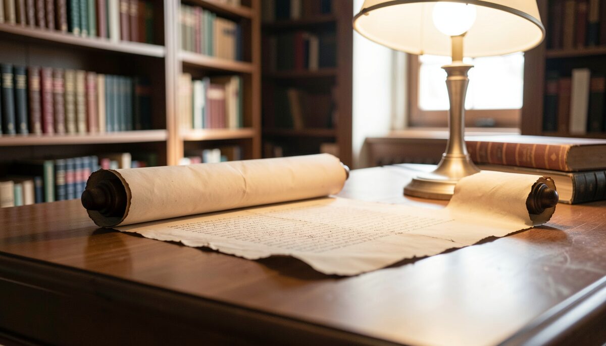 Ancient parchment scroll partially unrolled on a library table with soft lamp light