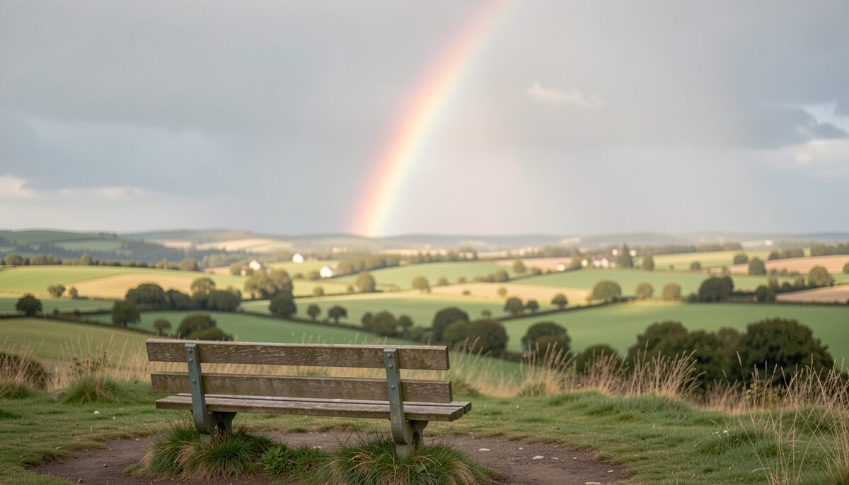 Rainbow over a calm countryside landscape seen from a hilltop bench