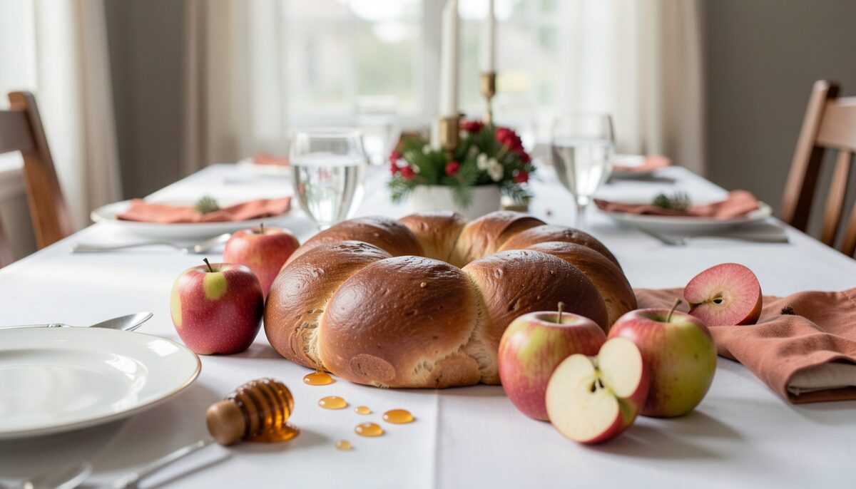 Round challah bread and apples with honey on a white tablecloth for a holiday meal